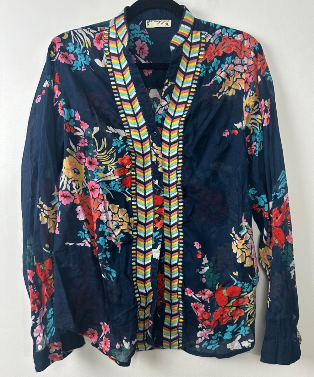 Magazine Embroidered Button Blouse XL Boho Semi Sheer Lightweight Festival A16